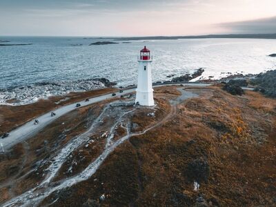lighthouse, landscape, canada, cape breton, nature, nova scotia, ocean, sunset, motorcycle, biker, atlantic, sea, destination, water, louisbourg, road, coast, journey, natural, view, travel, rural