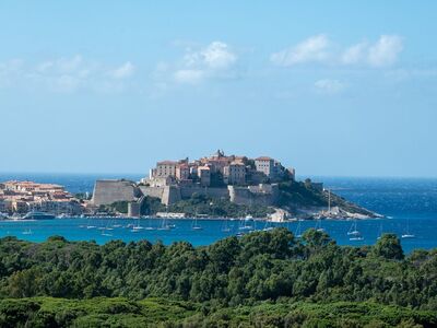 calvi, sea, sky, waves, citadel, harbor, boats, sailboats, mediterranean, nature, panorama, trees, island, summer, travel, wind, view, bay, history, blue