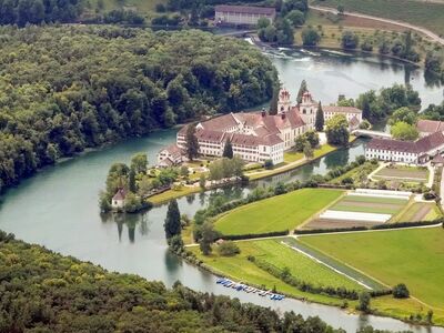 monastery, island, rhine, aerial view, loop, river, landscape, switzerland, forest, farm, europe, water, greenery, european landmark, cloudy day, peaceful landscape, architecture, tourist attraction, historic site