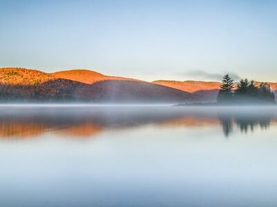 autumn, sunrise, fog, reflection, calm, canada, forest, trees, autumn landscape, frost, outdoors, onsk, water reflection, national park, nature, serene, canadian landscape, sacred, canadian sunrise, tranquil, alpenglow