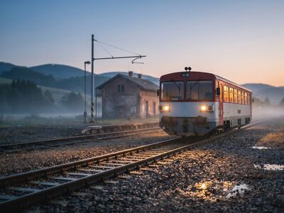 train, station, tracks, morning, mountains, village, countryside, transportation, public transport, fog, nature, sunrise, best practice, journey, dawn, empty, nostalgia, regional train, mountain landscape, bird's eye view