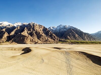 desert, mountains, pakistan, gilgit-baltistan, karakoram, snow, mirage, sand, blue sky, landscape, sand dunes, geological formation, natural beauty, landscape photography, sky, light, dry, sunny, hiking, view