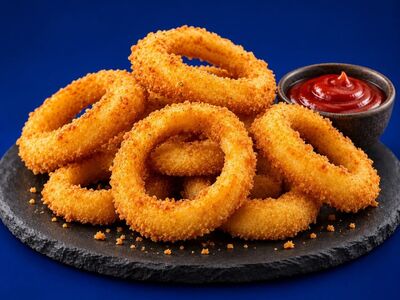 fried, crispy, onion rings, golden, appetizer, plate, black surface, tasty, crunchy surface, homemade, gourmet, fast food, side dish, dipping sauce, ketchup, bowl, soy sauce, savory, culinary, dessert