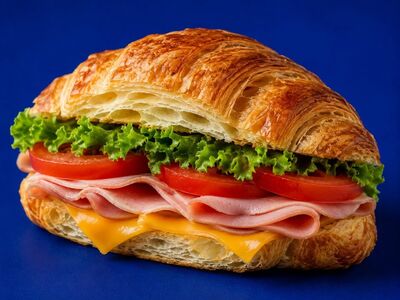 croissant, sandwich, ham, cheese, lettuce, tomato, bakery, breakfast, lunch, food, flaky, buttery, fresh, gourmet, tasty, savory, meal, snack, delicious, bread