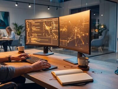 work environment, programming, computer screens, office, data visualization, technology, programming language, coding, dual monitor, software engineer, keyboard, notebook, office work, charts, office design, modern technology, data analysis, drinking coffee, data optimization, corporate environment