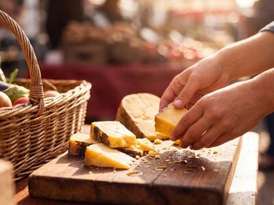 cheese, cutting, cutting board, wooden, market, hands, cheese slices, basket, food, fresh, shadow, light, piece, farm, outdoor, appetite, tasting, agriculture, tradition, rural, dairy product, natural