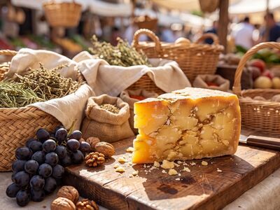 cheese, grapes, nuts, market, wood, basket, herbs, deli, analog photography, sunny, rustic, favorite spots, public space, countryside, vendor, stalls, feast for the eyes, display, food, produce