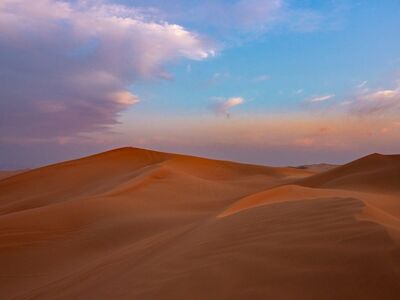 desert, sand, nature, landscape, dunes, sky, clouds, sunset, blue, orange, calm, nature's beauty, desolation, scenery, blue sky, timeless, natural beauty, wilderness, dawn, far, warm
