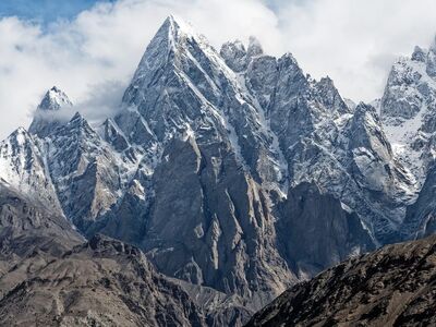 mountains, peaks, nature, panorama, snow, winter, clouds, rocks, outdoor, natural, ruggedness, wilderness, blue hue, rugged landscape, expedition, hiking, mountain peaks, dramatic