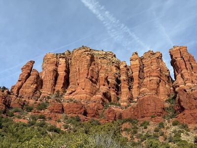 sedona, red rocks, landscape, nature, desert, hiking, rock formation, view, tourism, arizona, blue sky, landscape features, recreation, outdoors, sunny weather, geology, american southwest, travel, panorama