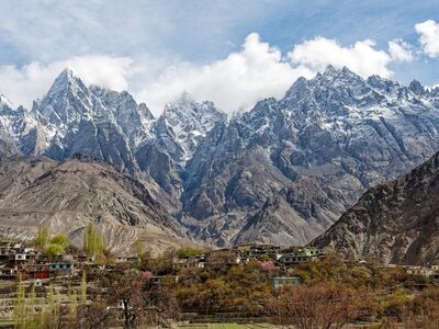 mountain, snow, pakistan, gilgit-baltistan, landscape, nature, karakorum, village, mountains, clouds, sky, rock formations, purple flowers, spring, blossom, arches, peaceful, hiking, tenderness, calm