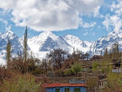 nature, mountains, snow, pakistan, gilgit-baltistan, sky, clouds, village, houses, karakoram, landscape, spring, picturesque, peak, rocky, cliffs, wild, sense of calm, trees