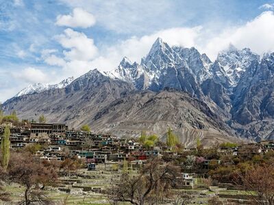 pakistan, gilgit-baltistan, mountains, karakoram, snow, village, nature, landscape, sky, clouds, cloudscape, rocks, clean air, tranquility, distance, pastures, remote, province, natural beauty