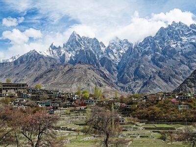 pakistan, gilgit-baltistan, karakoram, mountains, snow, natural, sky, clouds, village, spring, trees, purple, landscape, houses, agriculture, purple trees, rock formation, village landscape, agricultural terraces, spring blossoms, settlement
