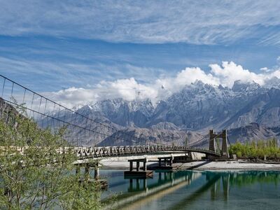 suspension bridge, river, mountains, karakoram, snowy peaks, sky, clouds, khaplu, gilgit-baltistan, natural landscape, bridge, trees, reflection, elements, nature, shyok, bridge construction, tourism, autumn, blue sky