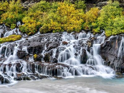 waterfall, island, nature, river, trees, forest, travel, hiking, landscape painting, autumn, green, zen, rapids, tourist attraction, stone, clear, natural beauty, wild water, relaxation, silence, meditation