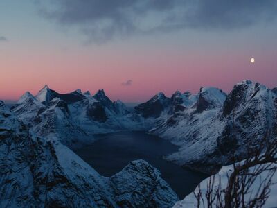 mountains, snow, peaks, fjord, water, twilight, sunset, dusk, moon, crescent moon, night sky, sky, pink sky, purple sky, winter, cold, landscape, scenic, wilderness, panorama, view, nature