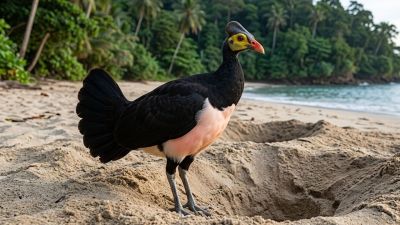 maleo, macrocephalon maleo, bird, black bird, endangered species, sandy beach, sulawesi, indonesia, natural habitat, nature, wildlife, tropical bird, pink plumage, yellow face, nesting, wildlife conservation, biodiversity, white sandy beach, southeast asian bird