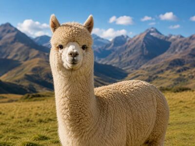alpaca, alpaca portrait, fluffy, farm animal, natural landscape, wildlife, meadow, blue sky, fleece, softness, scenic view, peaceful, majestic, mountain landscape, countryside, outdoors, comfort, tranquil atmosphere, camelid, flora, natural beauty
