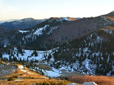 mountain, landscape, peak, scenic, winter, sunset, snow, forest, shadow, atmospheric, croatia, velebit, mountain valley, mediterranean, nature, nature reserve, wilderness, hiking trail, peace, peaceful