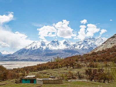 mountains, river, sky, pakistan, nature, shyok, karakorum, snow, village, panorama, cloud, cliff, trees, village house, terraced farming, valley, travel, serene, ecotourism, autumn