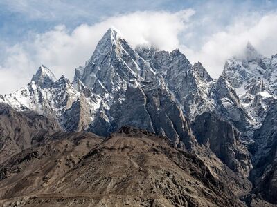 mountain, mountains, snow, nature, clouds, sky, rocky, pakistan, karakoram, gilgit-baltistan, landscape, cone, haldi cones, rock formation, peaks, climate, extreme, altitude, view, outdoor