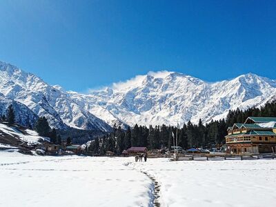 himalaya, nanga parbat, fairy meadows, snow, mountains, blue sky, nature, forest, wooden house, winter landscape, travel, hiking, pakistan, rakhiot peak, balistan, tourism, sky, towns, landscape, tourist attraction