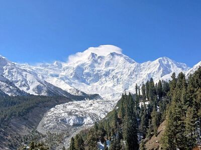 pakistan, gilgit-baltistan, himalaya, nanga parbat, snowy mountains, forest, trees, nature, landscape photo, blue sky, mountains, clouds, scenery, mountain massif, rakhiot peak, winter season, mountain hiking, ascent, remote, panorama