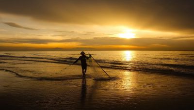 sunrise, morning, beach, sea, fishing, worker, landscape, travel, calm, vietnam, sunrise on beach, silhouette, water, golden, net, reflection, nature, beauty, light, tranquility, person