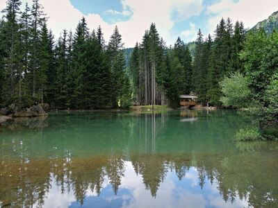 forest, lake, pine, tranquility, reflection, natural landscape, water, wooden cabin, mountain range, hiking, green color, reflection on water surface, landscape, countryside, summer season, vacation, tourist spot, nature, peaceful scenery