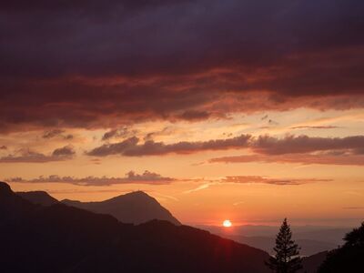 sunset, mountains, clouds, tree, silhouette, evening, red, nature, twilight, calm, summer day, beauty, horizon, romance, amazing, peaceful, landscape, picturesque, moody, setting sun, ridge