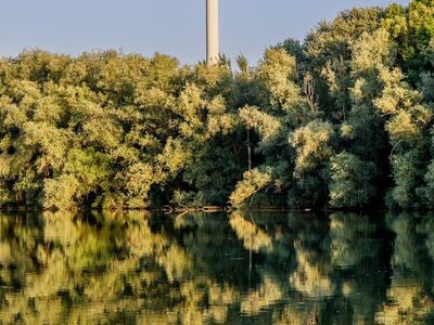 water reflection, nature, trees, blue sky, panorama, tower, forest, morning, tranquility, natural scenery, calm water, tree reflection, summer landscape, recreation, mirroring, purity, serene environment, building, architecture, summer day