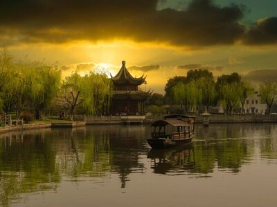 chinese, pavilion, boat, morning, lake, sunset, water, reflection, travel, tourist, nature, trees, serenity, tourism, culture, east asia, park, architecture, travel development, traditional