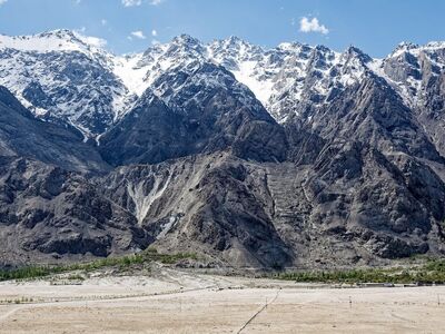 mountains, karakoram, snow, gilgit-baltistan, landscape, nature, sky, clouds, pakistan, black, gray, dramatic, desert, dry, cliffs, belt, view, sand, riverbed, emptiness