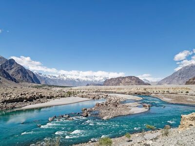 pakistan, gilgit-baltistan, karakoram, indus river, mountains, snow, landscape, nature, river, clouds, sky, rocks, riverbed, sand, tourism, ecotourism, panorama, crystal clear water, valley, natural beauty