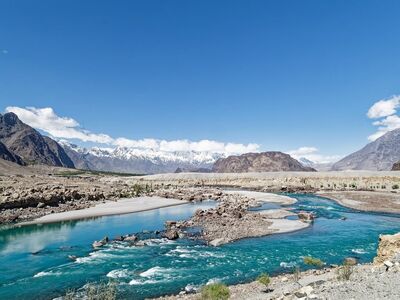 nature, carved, mountains, indus, river, turquoise, pakistan, clouds, blue sky, valley, karakoram, gilgit-baltistan, bank, balistan, crystal clear water, sand, mountain winds, pebbles, turquoise river