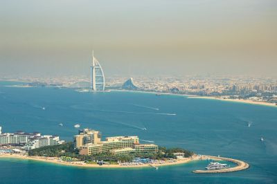 panorama, dubai, skyscraper, coastline, clouds, sea, city, building, luxury, bay area, luxury hotel, view, tourism, travel, aerial view, sunshine, middle east, blue sea, nature, sunny beach, highway