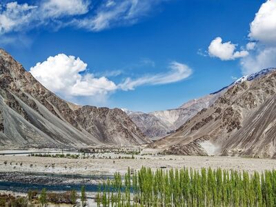 nature, pakistan, river, mountainous, sky, clouds, rock, valley, trees, green, sand, highland, watercourse, blue, trail, scenery, tranquil, beautiful, sunny, view