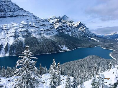 winter, mountains, lake, snow, forested, hiking, outdoors, canadian nature, blue water, winter landscape, scenic views, wide open space, nature, tourist attraction, natural beauty, inspiration, lake view, relaxation, peaceful