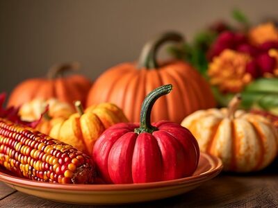 pumpkin, corn, autumn, harvest, vegetables, decoration, food, colorful, plate, autumn leaves, table, arrangement, yellow, red, orange, texture, nature, harvest festival, seasonal, brown, composition