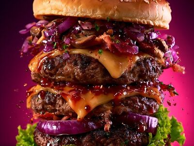 hamburger, cheese, bacon, sesame bun, lettuce, red cabbage, onion, triple stacked, sauce, food, gourmet, meat, greasy, snack, flavor balance, juicy, american cuisine, spicy, delicious