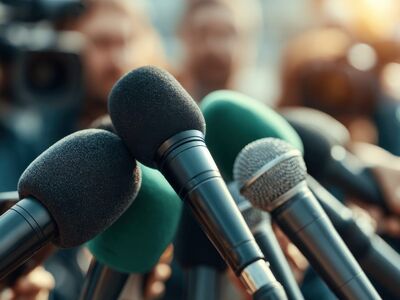microphone, press conference, reporter, news, journalism, media coverage, communication, public speaking, journalist, announcement, technology, equipment, news reporter, politics, audio system, professional, sound recording, podium, industry