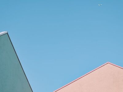 architecture, minimalistic, building corners, airplane in sky, blue sky, abstract, simplicity, modern design, outdoor, urban, creative composition, space, soothing, light and shadow, geometry, clear sky, building outlines, media content, abstract art, sky photography