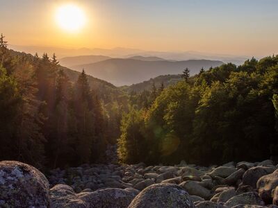 landscape, mountains, sunset, sun, forest, rocks, nature, panorama, hiking, peace, beautiful, afternoon, light, shadows, view, travel, tourist destination, fresh air, leisure, wilderness, calm