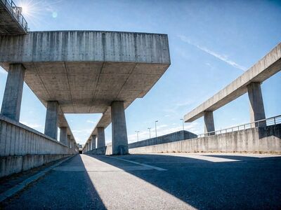 brutalism, concrete, bridge, architecture, perspective, urban, geometric, shadows, modern, minimalist, design, dramatic, structure, bold, strong, infrastructure, pathway, architectural photography, railings, clean design, sky view