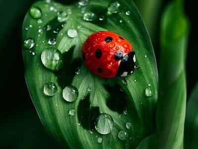 ladybug, leaf, outdoor, water, macro photography, fresh, dew, foliage, red, drops, nature, texture, wildlife, botanical, vivid colors, moisture, wild, life, small, insect