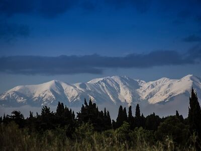pyrenees, winter landscape, snow, mountain, forest, blue sky, canigou, leisure, nature, hiking, sunset, travel, outdoor, panorama, silence, peace, ecology, horizon, line of sight, tourism, travel nature
