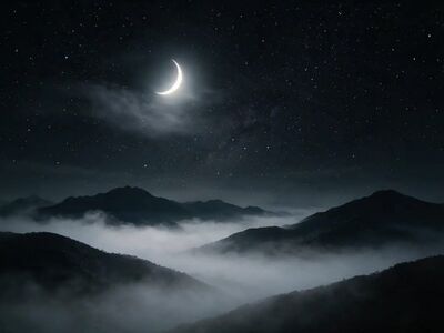 starry sky, moonlight, crescent moon, night mountains, mist, mountain valley, night sky, clear sky, tranquility, dawn, nature, peace, refreshing, dreamy, paradise, stars, mountain landscape, peaceful scenery, mystical atmosphere, poetic depiction