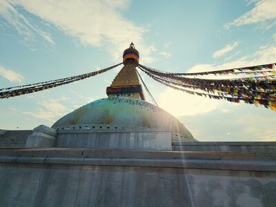 boudhanath, nepal, kathmandu, temple, buddhism, stupa, pagoda, religion, architecture, buddha, spirituality, prayer flags, colorful, blue sky, buddha purnima, sunlight, sun rays, tourism, culture, landmark