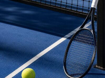 racket, tennis ball, blue court, net, court, sport, tennis, bright yellow, outdoor, tennis equipment, sports equipment, sunny weather, hobby, relaxation, activity, recreation, physical activity, fun, active lifestyle, playing field, surface